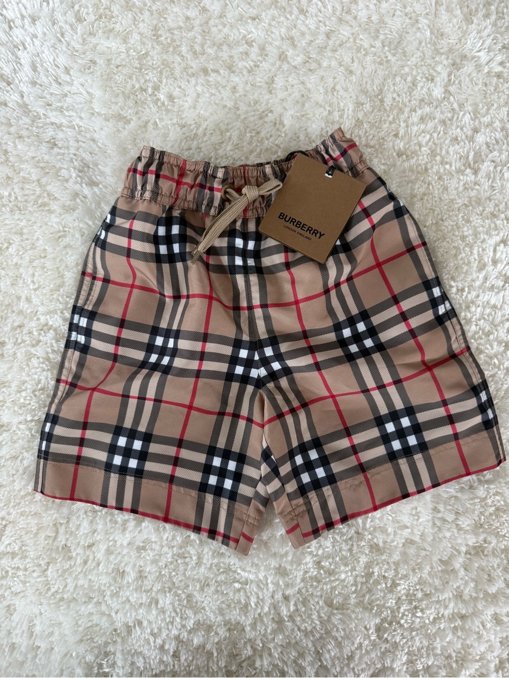Burberry Tan Plaid Kids Shorts with Red Accents